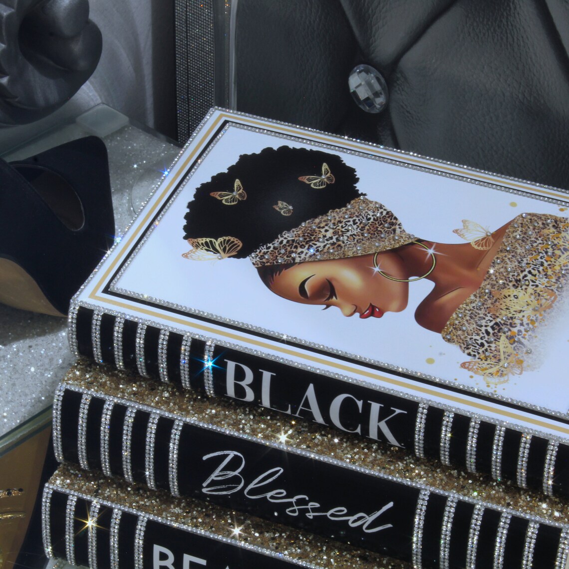 Black Queen Luxury Bling Glam Book Stack - Stack of 3