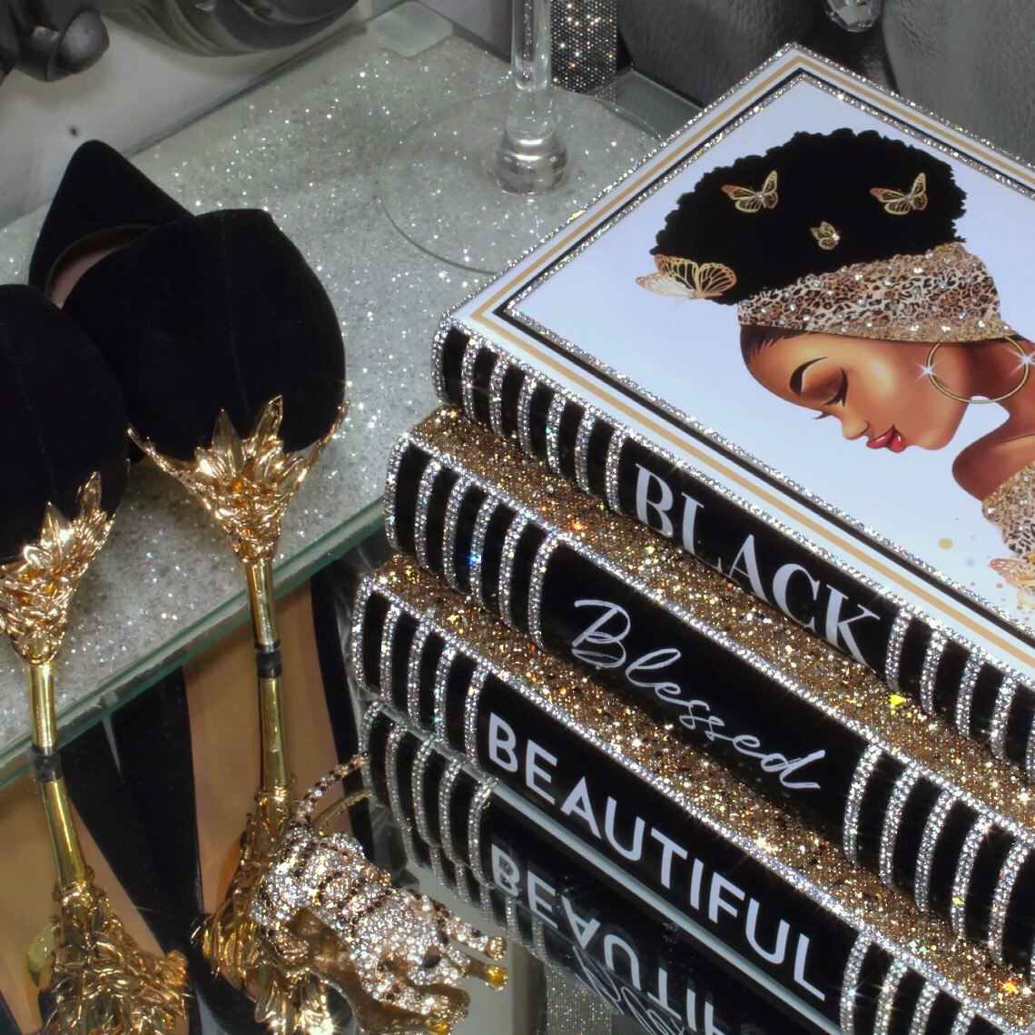 Black Queen Luxury Bling Glam Book Stack - Stack of 3